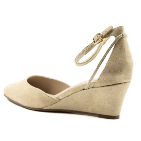 Steffie's Shoes I Size 10 I Suede Metallic Wedge Heel Strap Landmark I Tan Beige - Picture 3 of 16